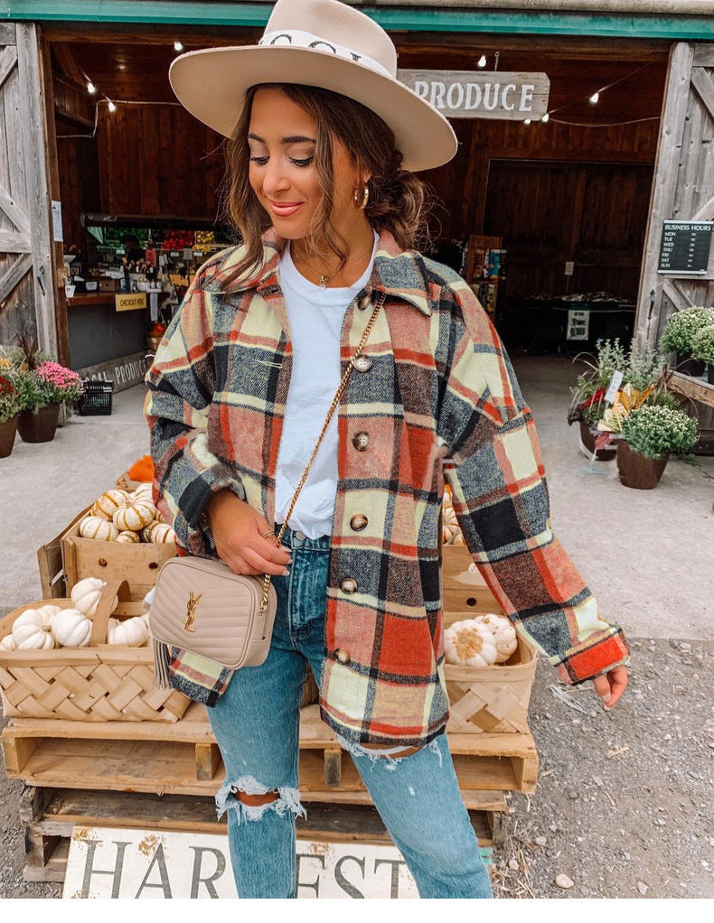 Autumn and Winter Long Sleeve Plaid Printed Shirt Coat