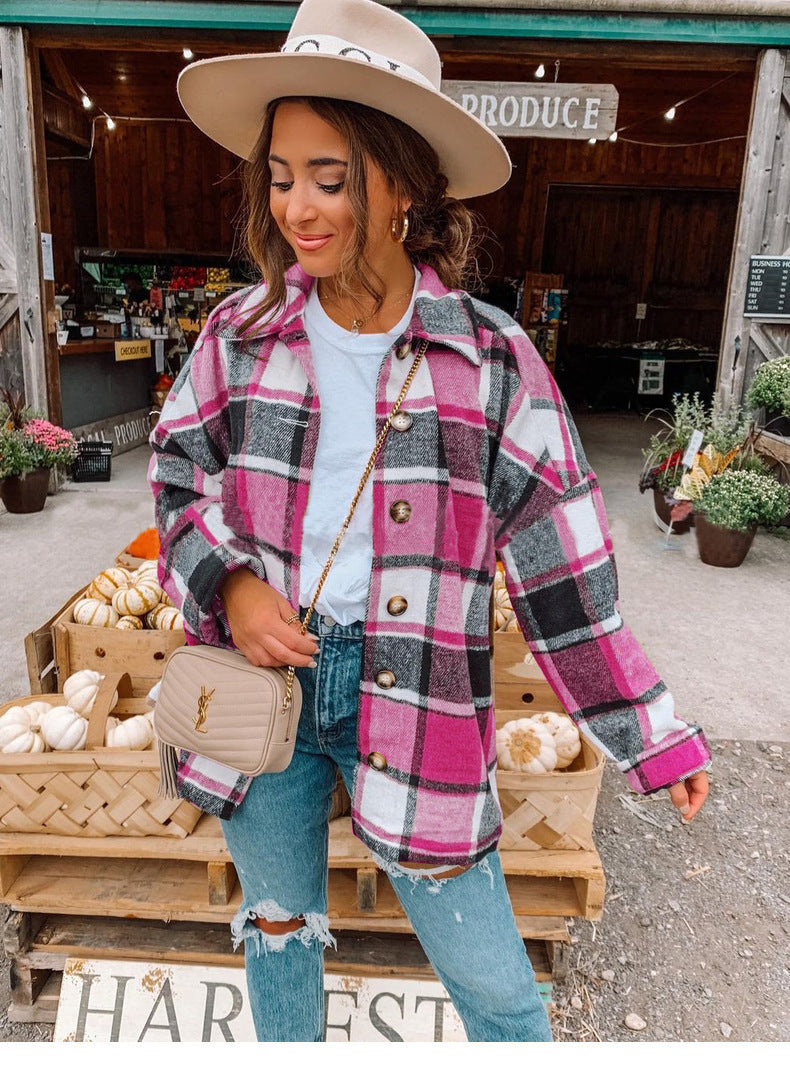 Autumn and Winter Long Sleeve Plaid Printed Shirt Coat