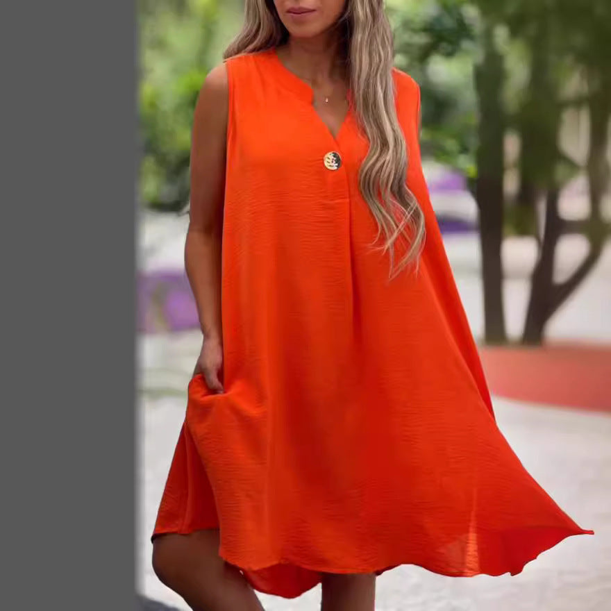 Summer V-neck Sleeveless Dress With Button Decoration Solid Color Casual Loose Straight Dresses Womens Clothing