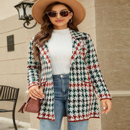 Long Sweater Contrast Houndstooth Knit Cardigan Trench Coat