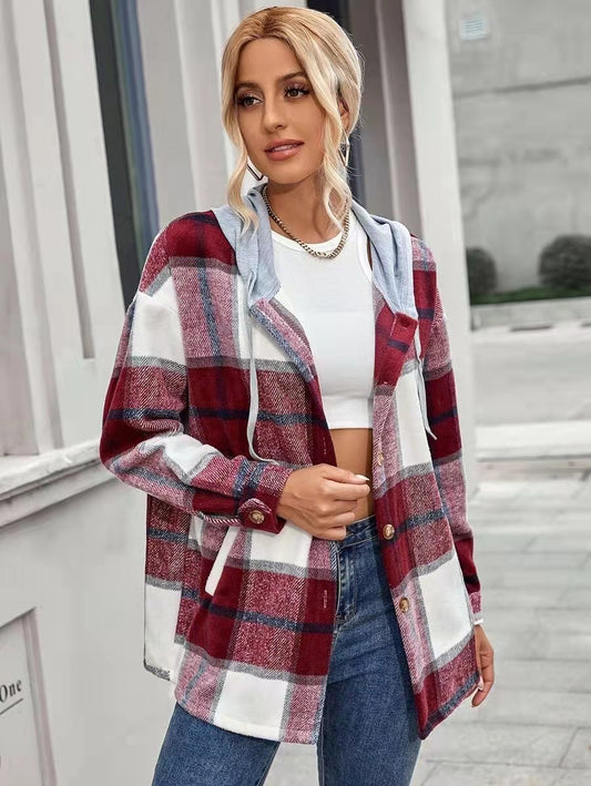 Women Cardigan Women's Plaid Woolen Coat