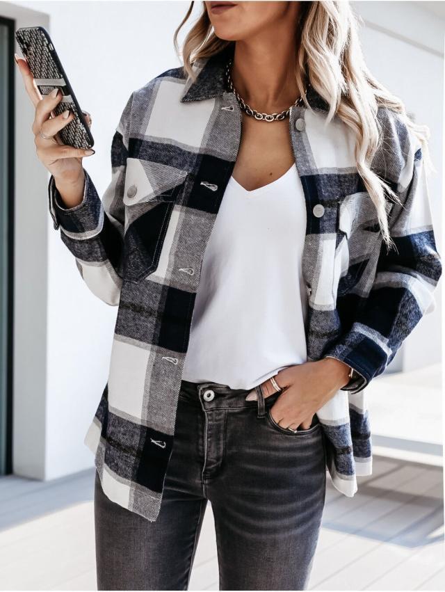 Autumn and Winter Long Sleeve Plaid Printed Shirt Coat