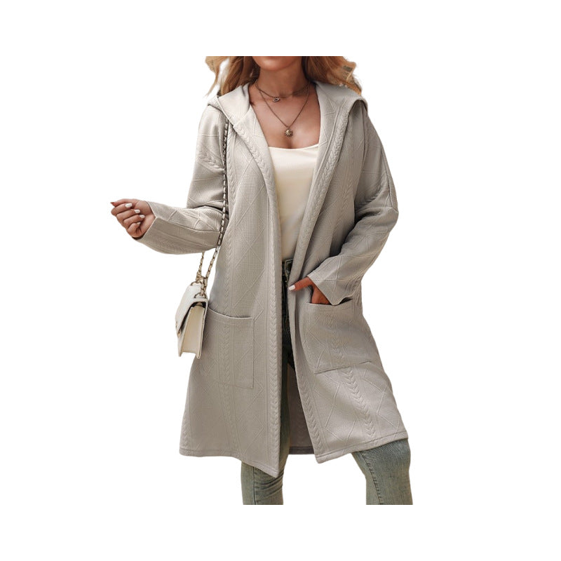 Texture Loose Hooded Mid-length Trench Coat