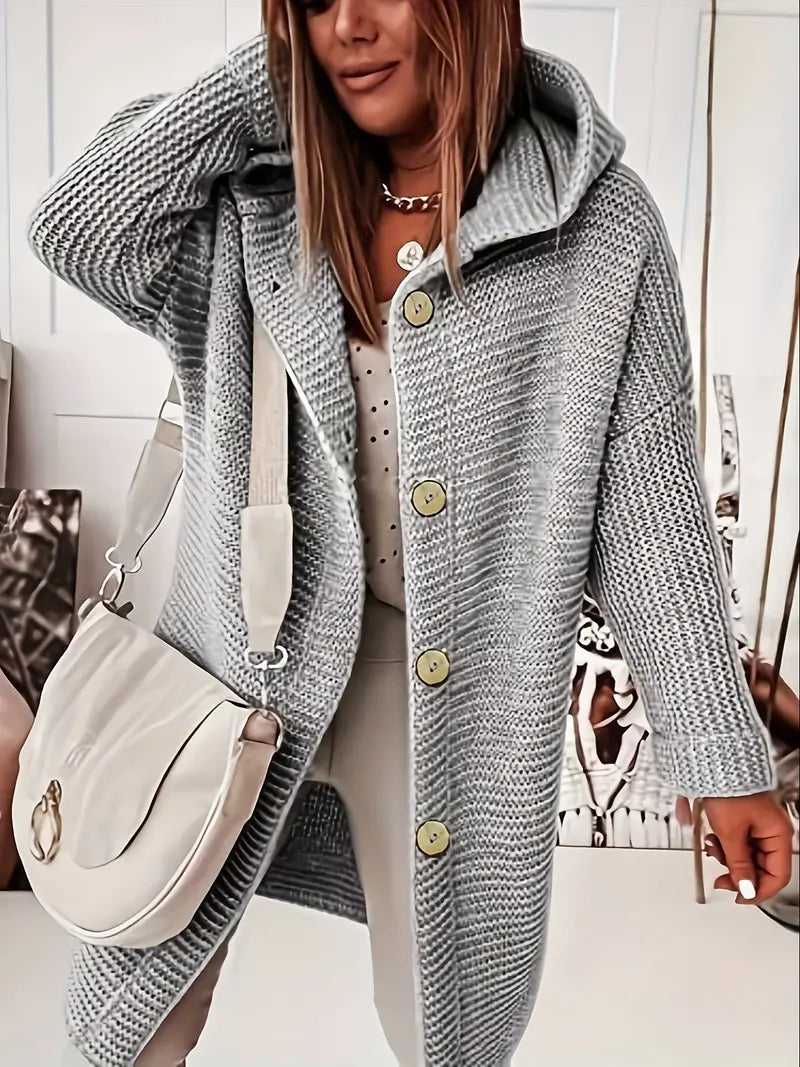 Solid Button Front Cardigan, Casual Long Sleeve Drop Shoulder Hooded Outwear For Spring & Fall