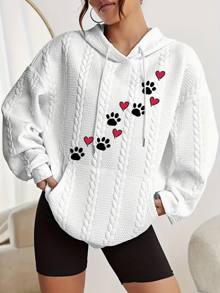 Paw & Heart Print Kangaroo Pocket Hoodie