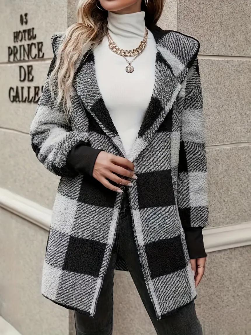 Plaid Pattern Open Front Hooded Coat, Versatile Long Sleeve Thermal Winter