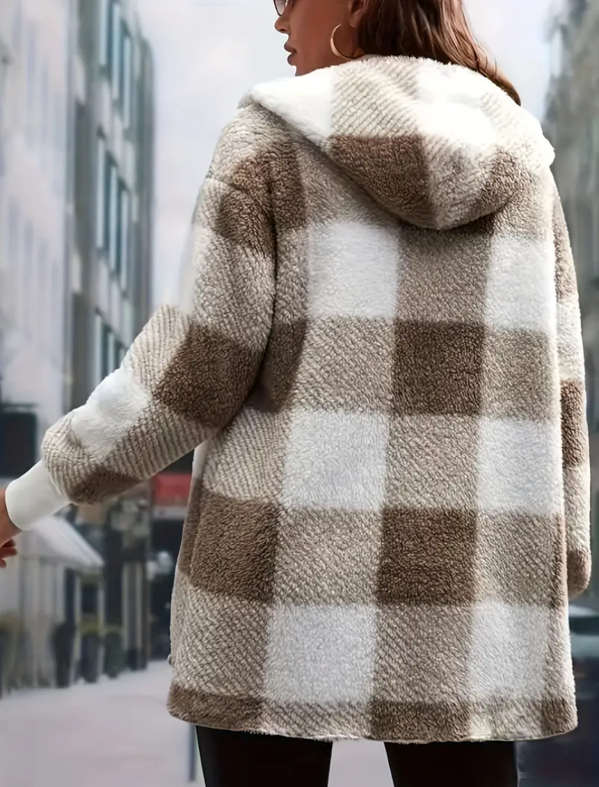 Plaid Pattern Open Front Hooded Coat, Versatile Long Sleeve Thermal Winter