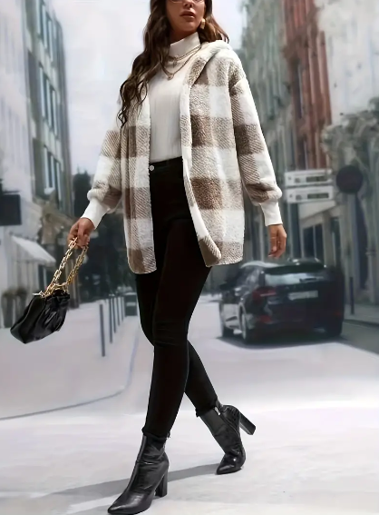 Plaid Pattern Open Front Hooded Coat, Versatile Long Sleeve Thermal Winter