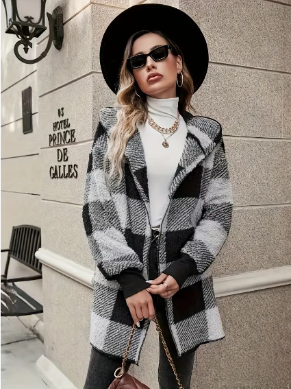 Plaid Pattern Open Front Hooded Coat, Versatile Long Sleeve Thermal Winter