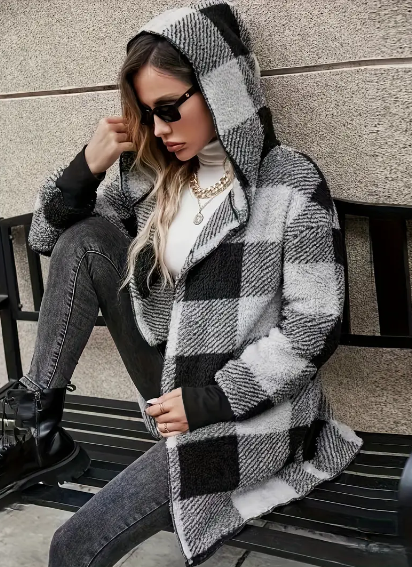 Plaid Pattern Open Front Hooded Coat, Versatile Long Sleeve Thermal Winter