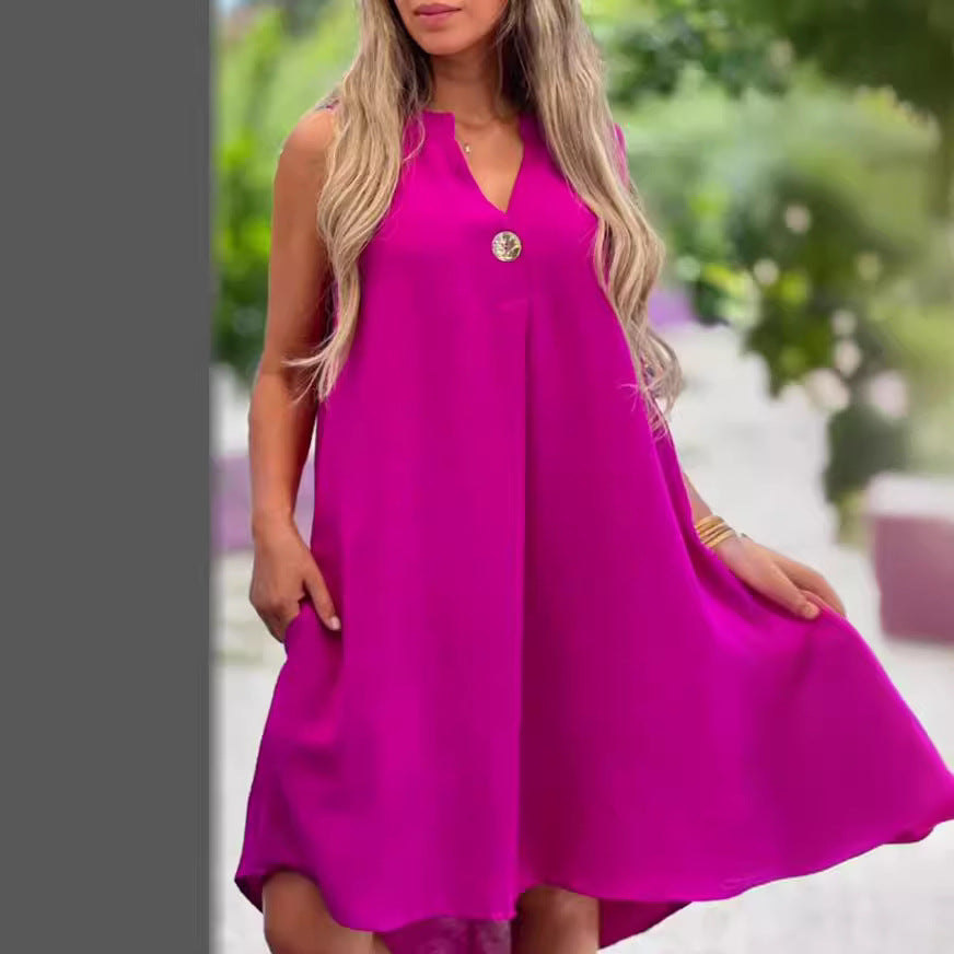 Summer V-neck Sleeveless Dress With Button Decoration Solid Color Casual Loose Straight Dresses Womens Clothing