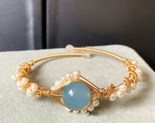 14K Gold Wrapped Handmade Sapphire Natural White Pearl Bracelet