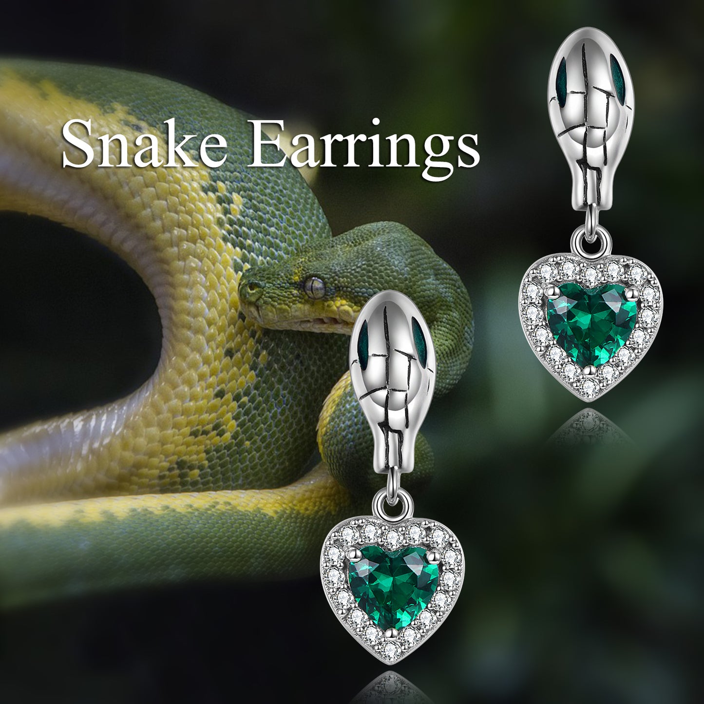 Sterling Silver Snake Heart Green Dangly Drop Earrings